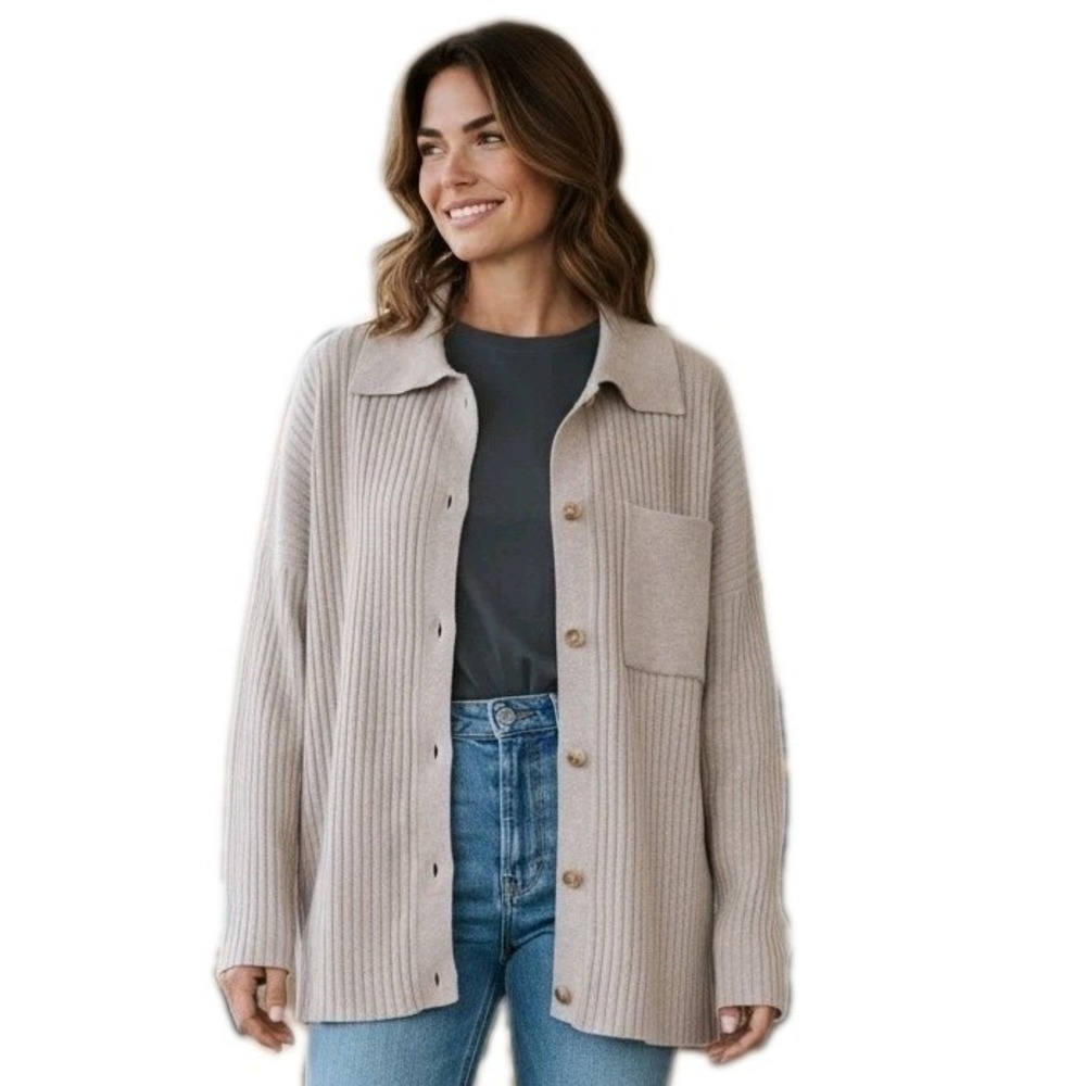 NWT CYRUS Tan Ribbed Knit Cardigan Sweater Pocket Preppy Boho Retail $79 SZ M